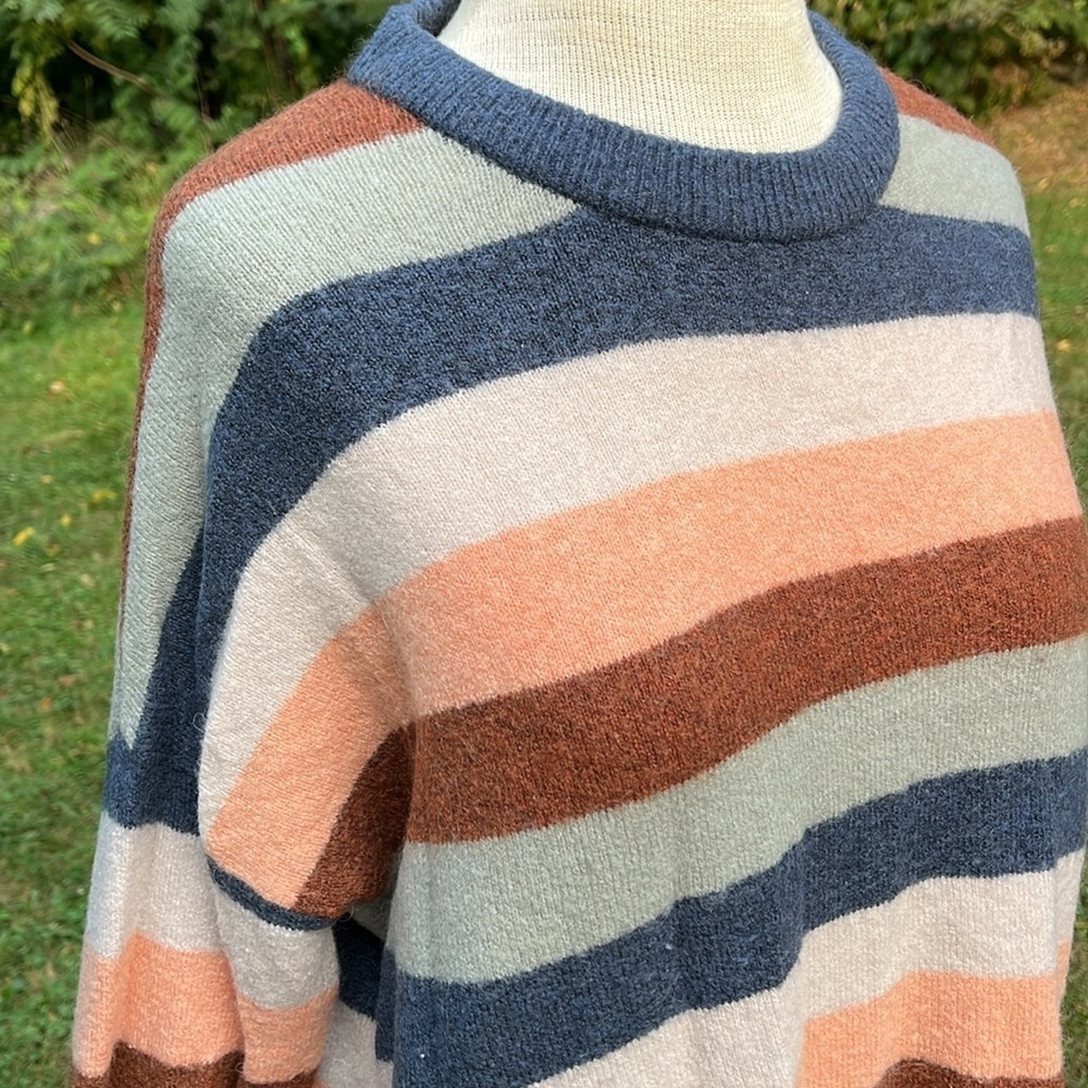Madewell Pullover Sweater in Elmwood Stripe Orange Blue Size Small Alpaca Wool - Picture 4 of 10